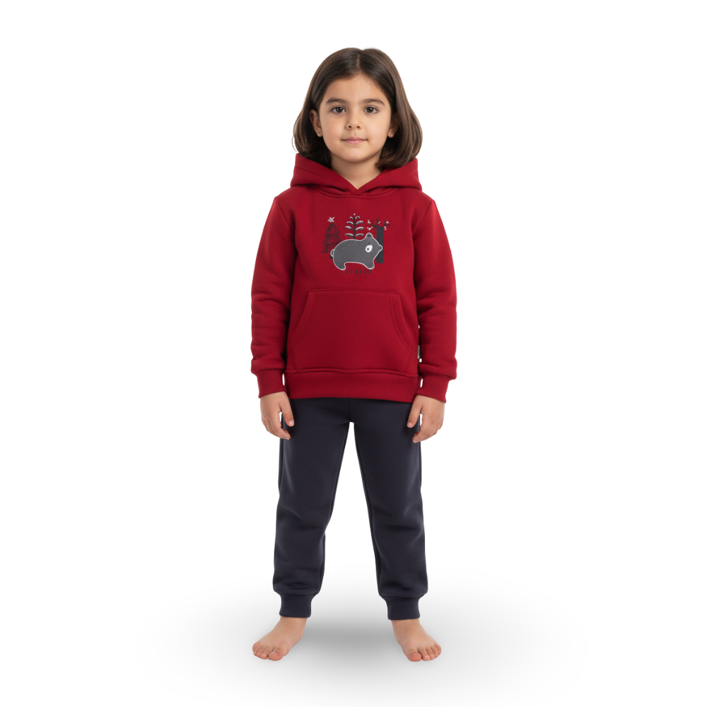 Boys Cotton Hooded Pajama Set – Red with a Cute Bear Design