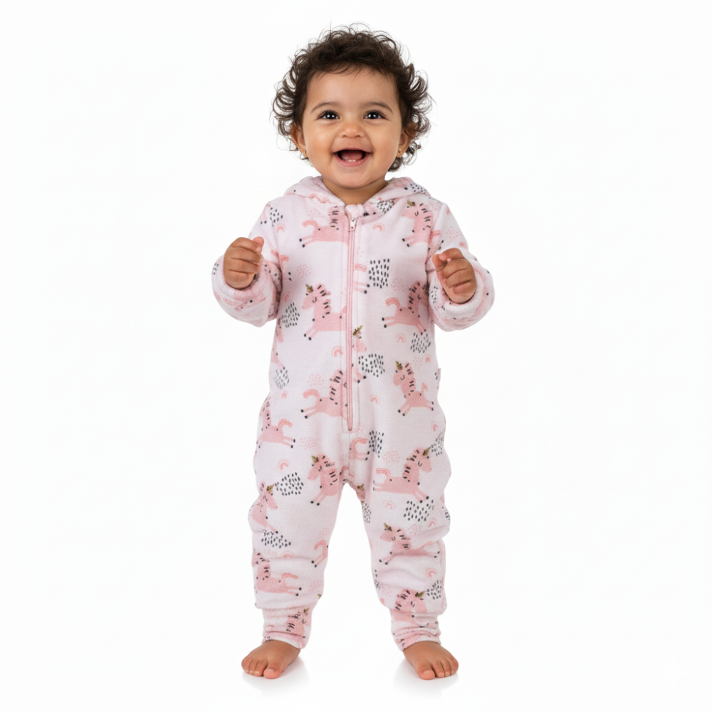 Girls Fleeced Hooded Onesie Pajama – Pink with Unicorn Print