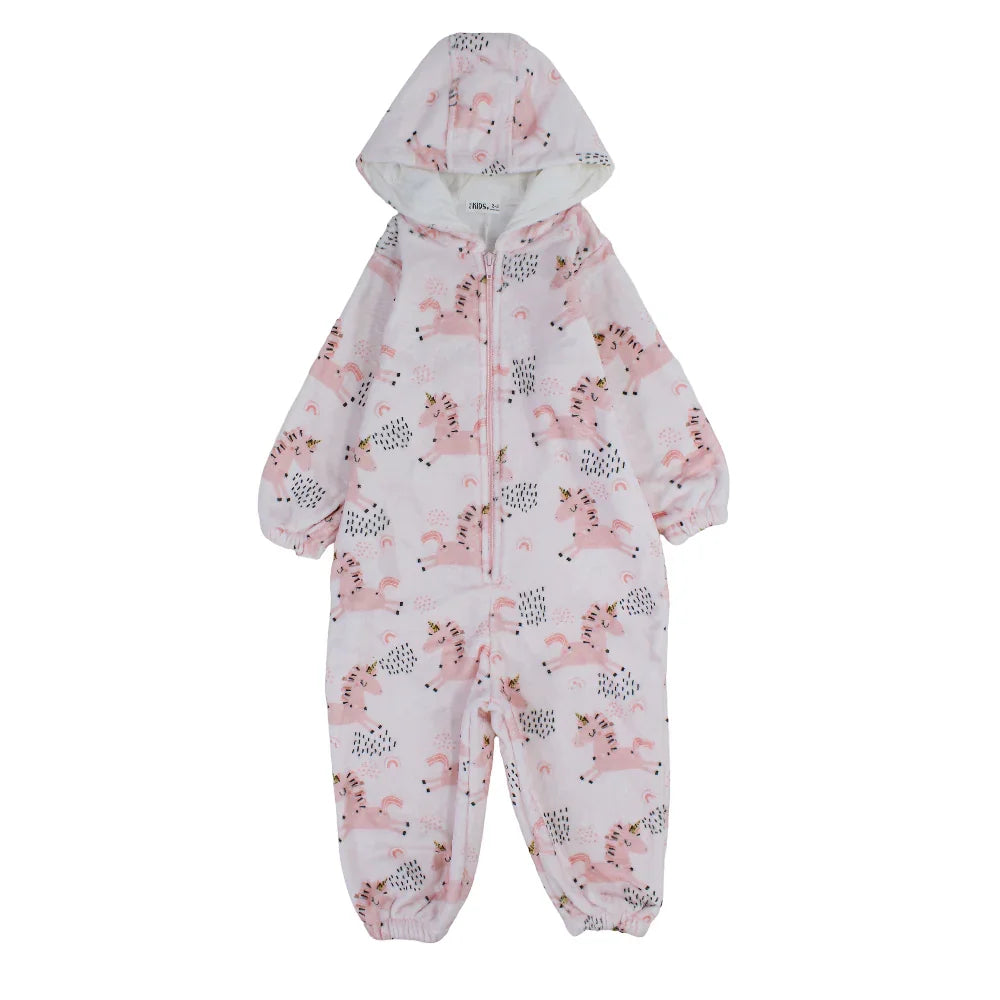 Girls Fleeced Hooded Onesie Pajama – Pink with Unicorn Print