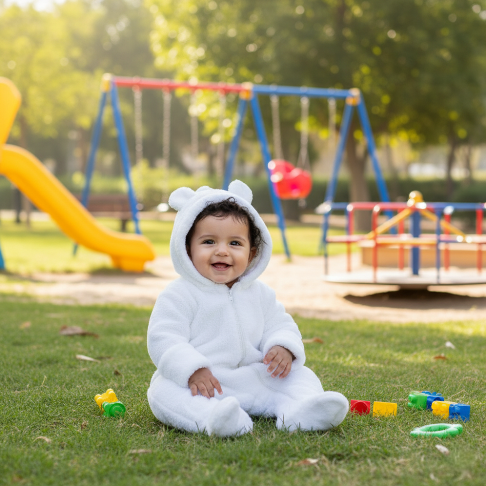 Unisex Baby Fleeced Hooded Overall – White
