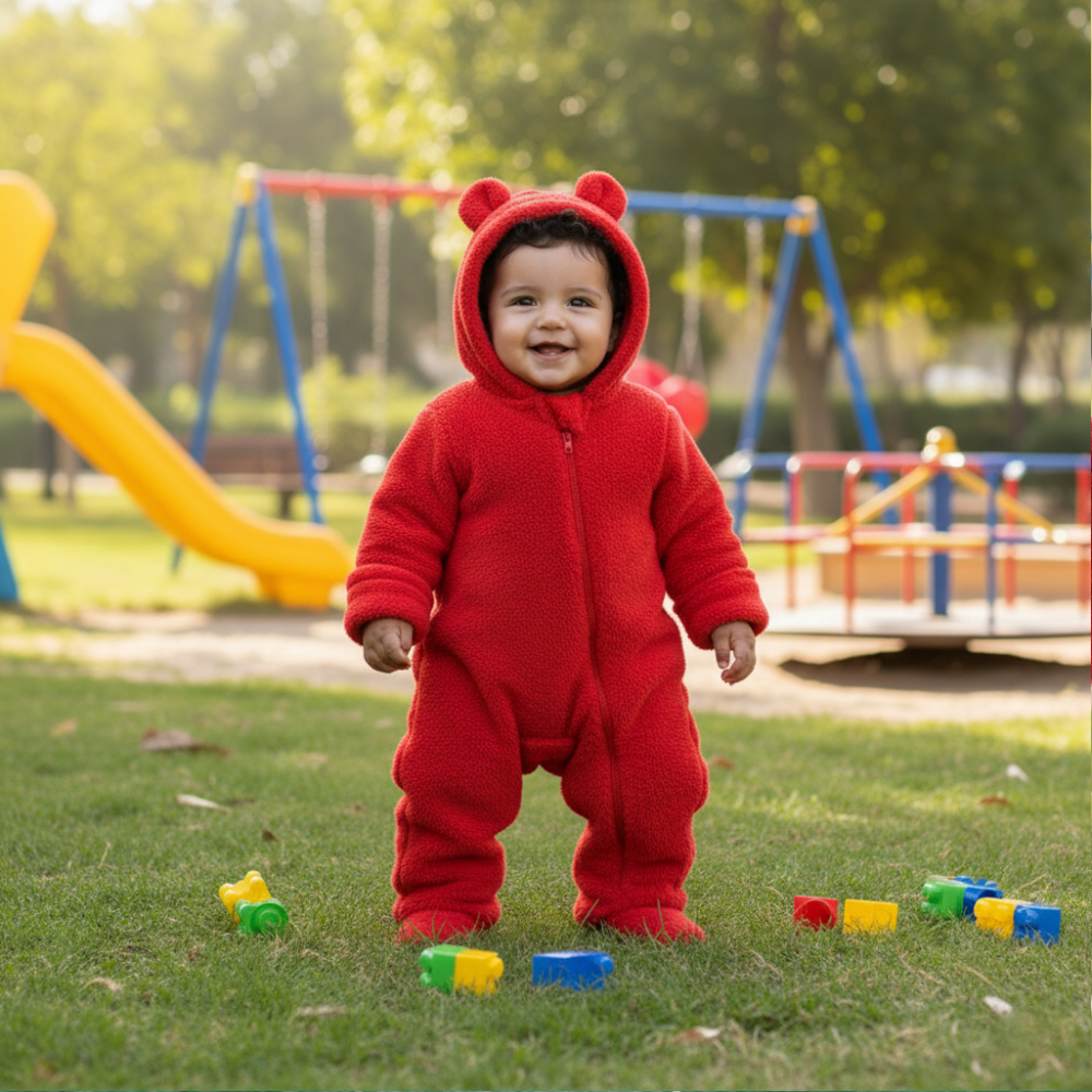 Unisex Baby Fleeced Hooded Overall – Red