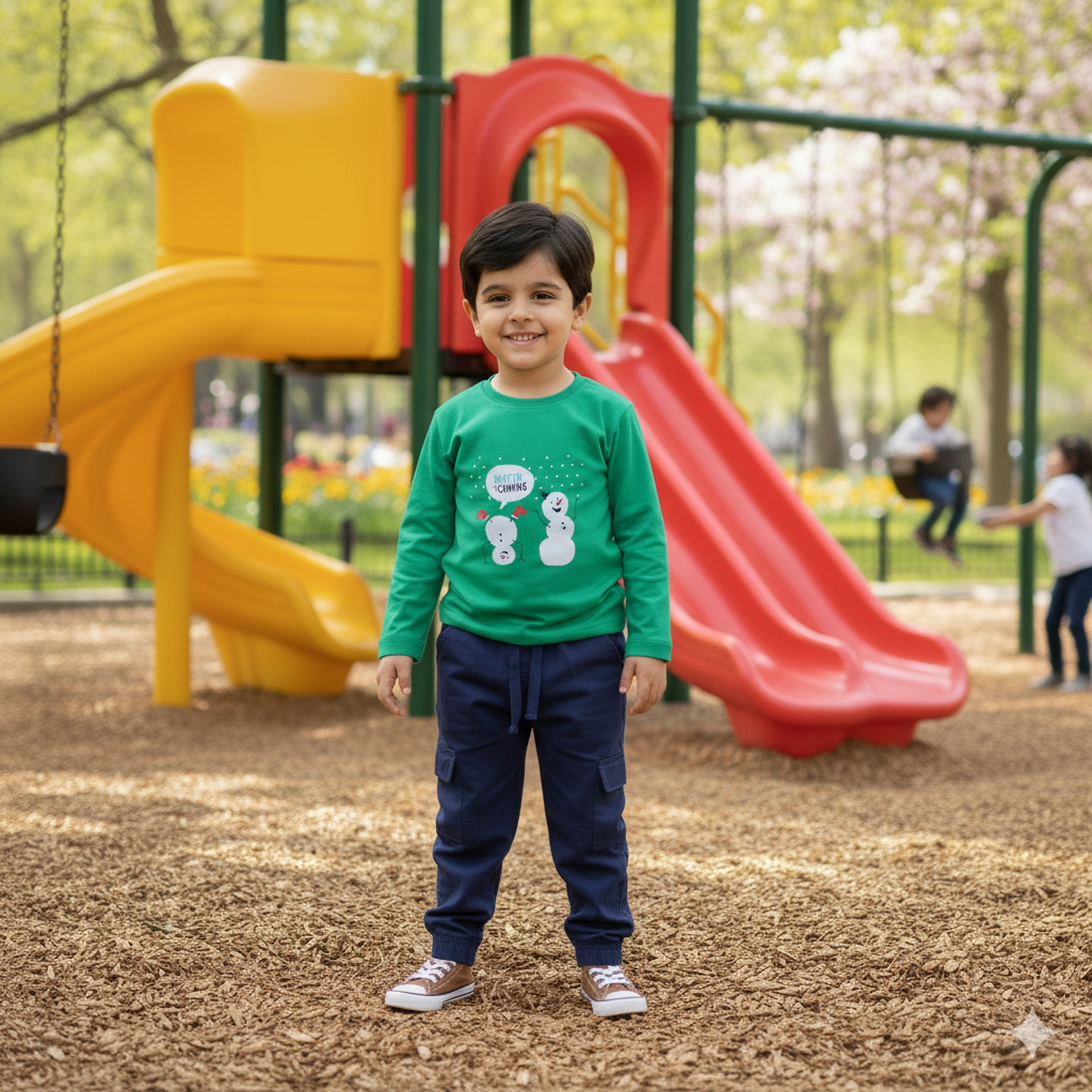 Boys Cotton Pajama Set - Green with a Snowy Winter Design