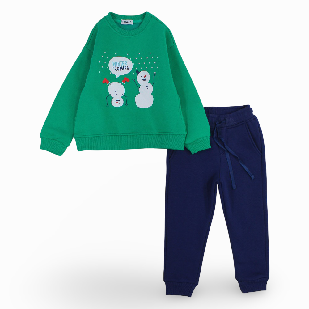 Boys Cotton Pajama Set - Green with a Snowy Winter Design
