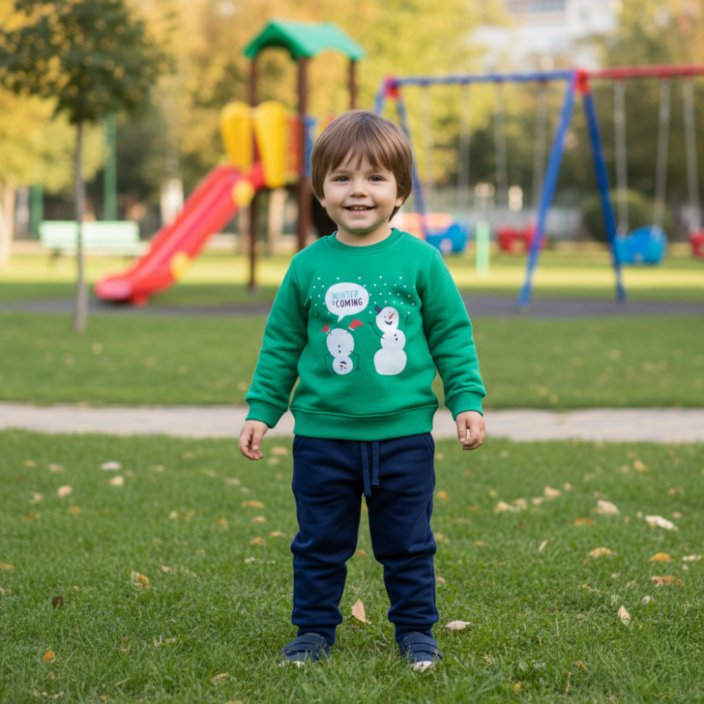 Boys Cotton Pajama Set - Green with a Snowy Winter Design