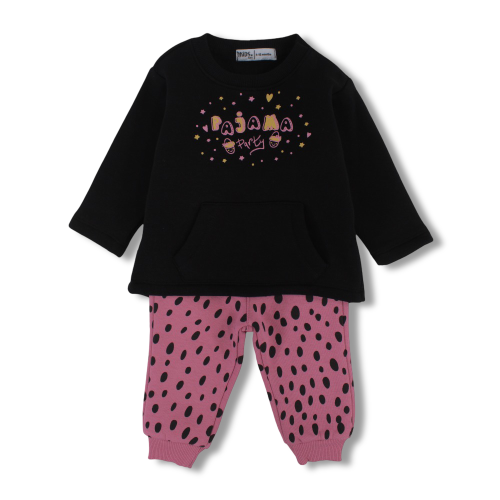 Baby Girls Cotton Pajama Set – Black/Pink with “Pajama Party” Print - Clothing - Ourkids