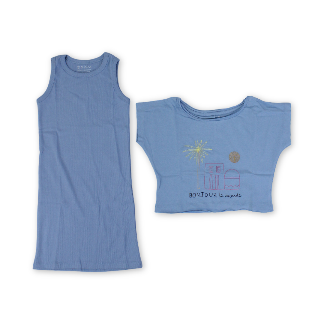 Girls Cotton 2-Piece T-Shirt – "Bonjour Lemonde" Embroidery - Clothing - Sharo