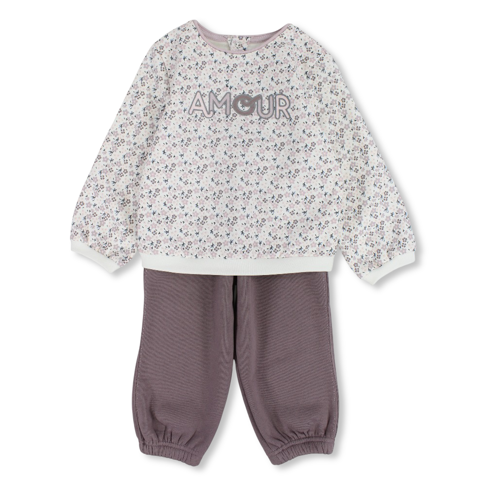 Baby Girls Cotton 2-Piece Outfit Set – Off-White/Purple with “Amour” Print
