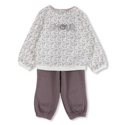 Baby Girls Cotton 2-Piece Outfit Set – Off-White/Purple with “Amour” Print