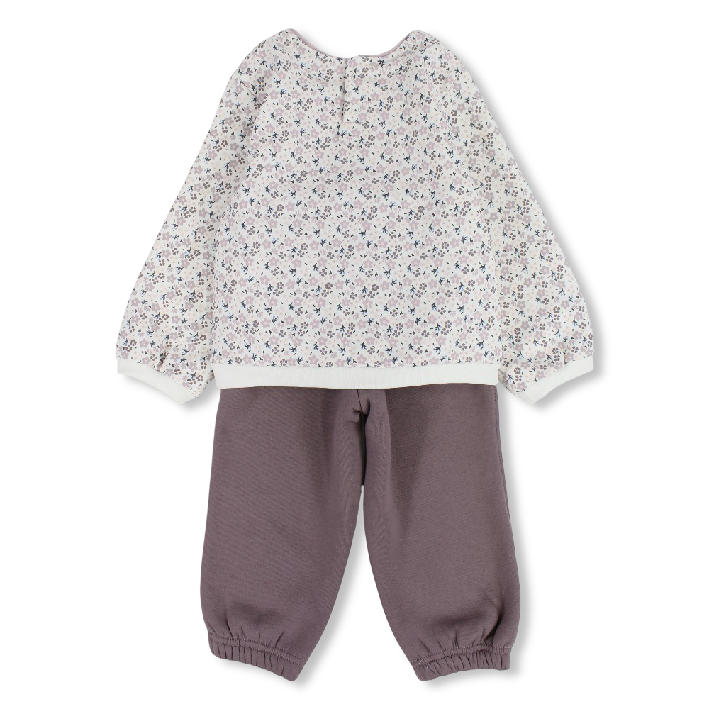 Baby Girls Cotton 2-Piece Outfit Set – Off-White/Purple with “Amour” Print