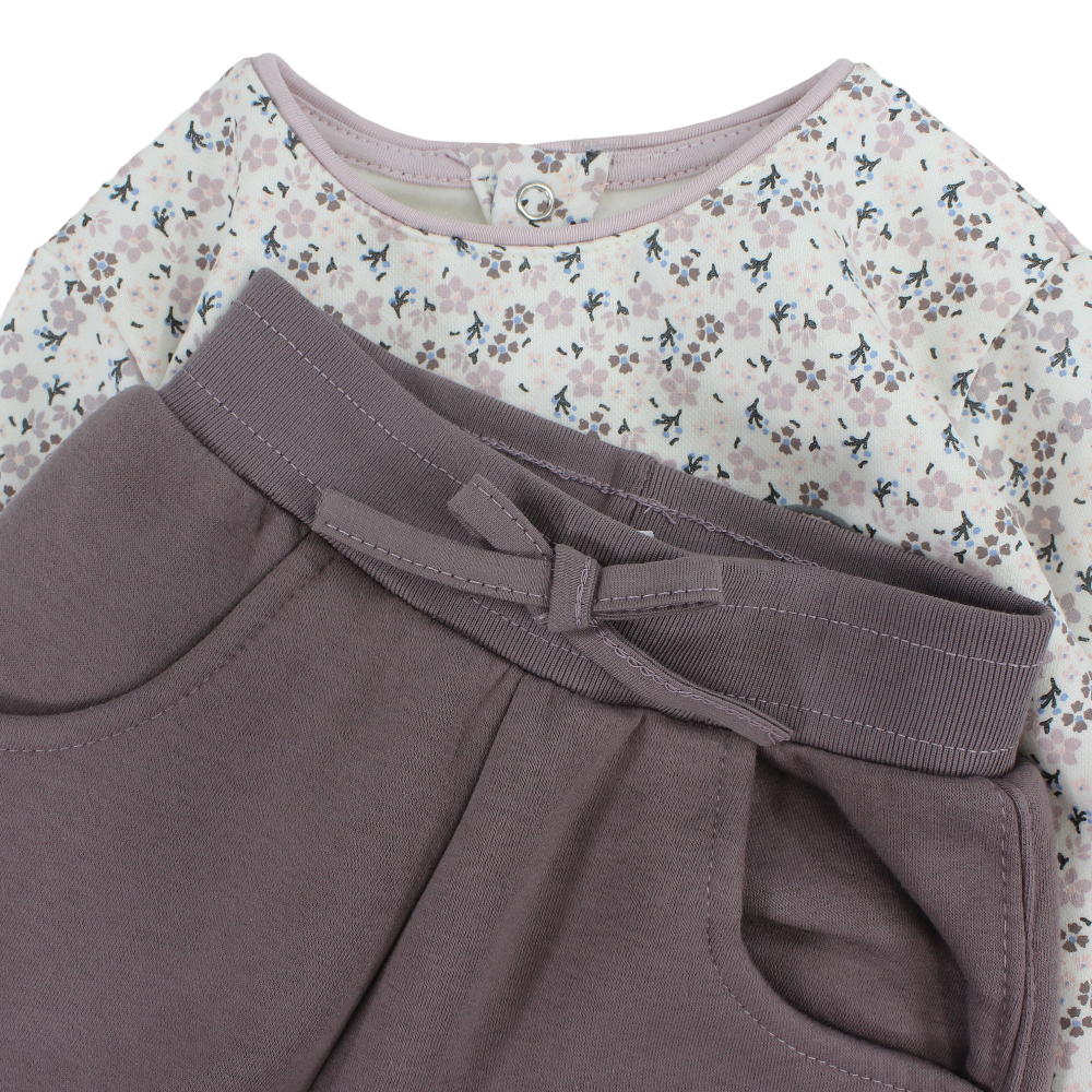 Baby Girls Cotton 2-Piece Outfit Set – Off-White/Purple with “Amour” Print