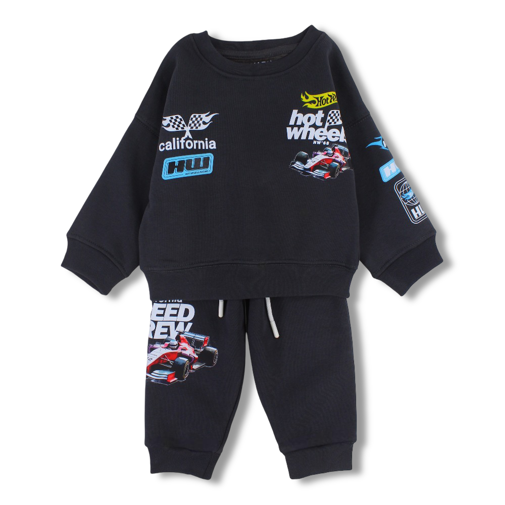 Baby Boys Cotton Two-Piece Outfit Set – Grey with “Hot Wheels Speed Crew” Design