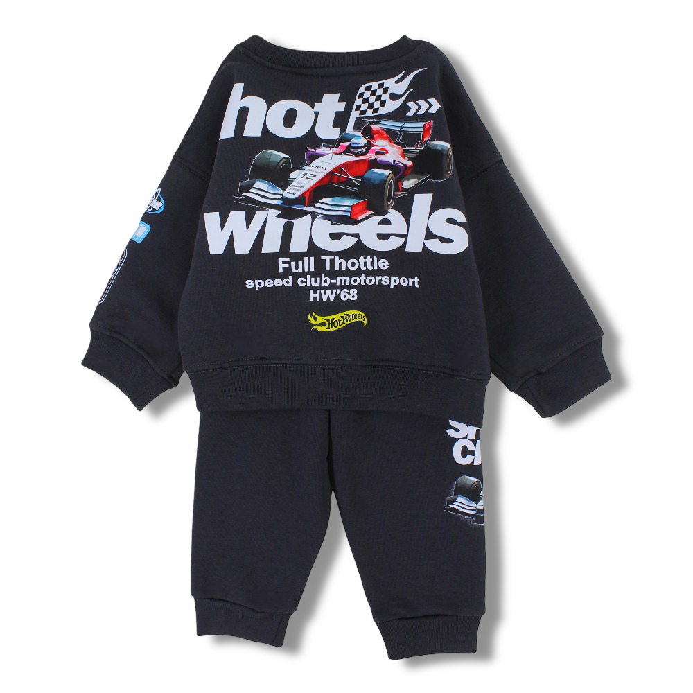 Baby Boys Cotton Two-Piece Outfit Set – Grey with “Hot Wheels Speed Crew” Design