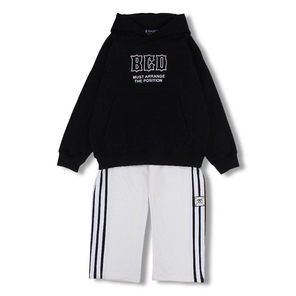 Boys Cotton Two-Piece Outfit Set – Black/White with “BCD” Print