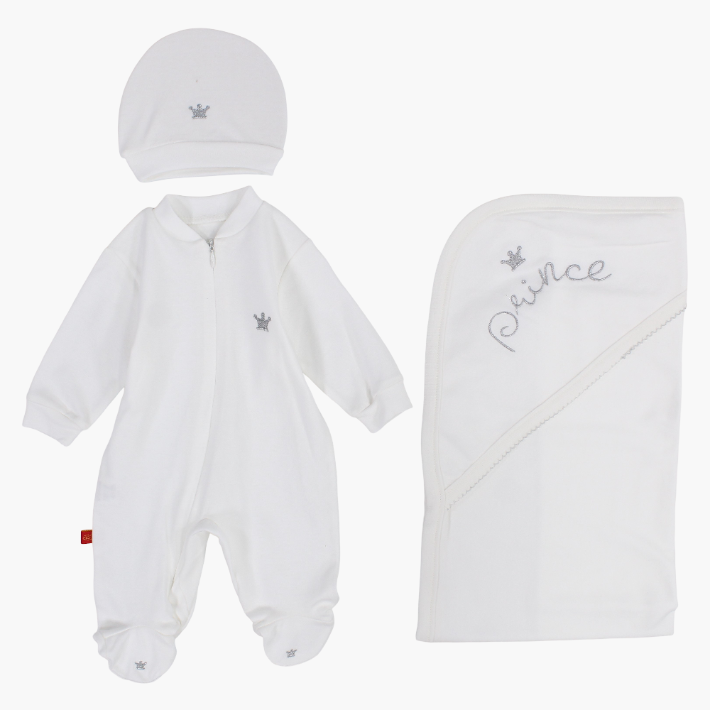 Baby Boys Cotton Newborn Outfit – Off-White, 3 Pieces, Prince Design