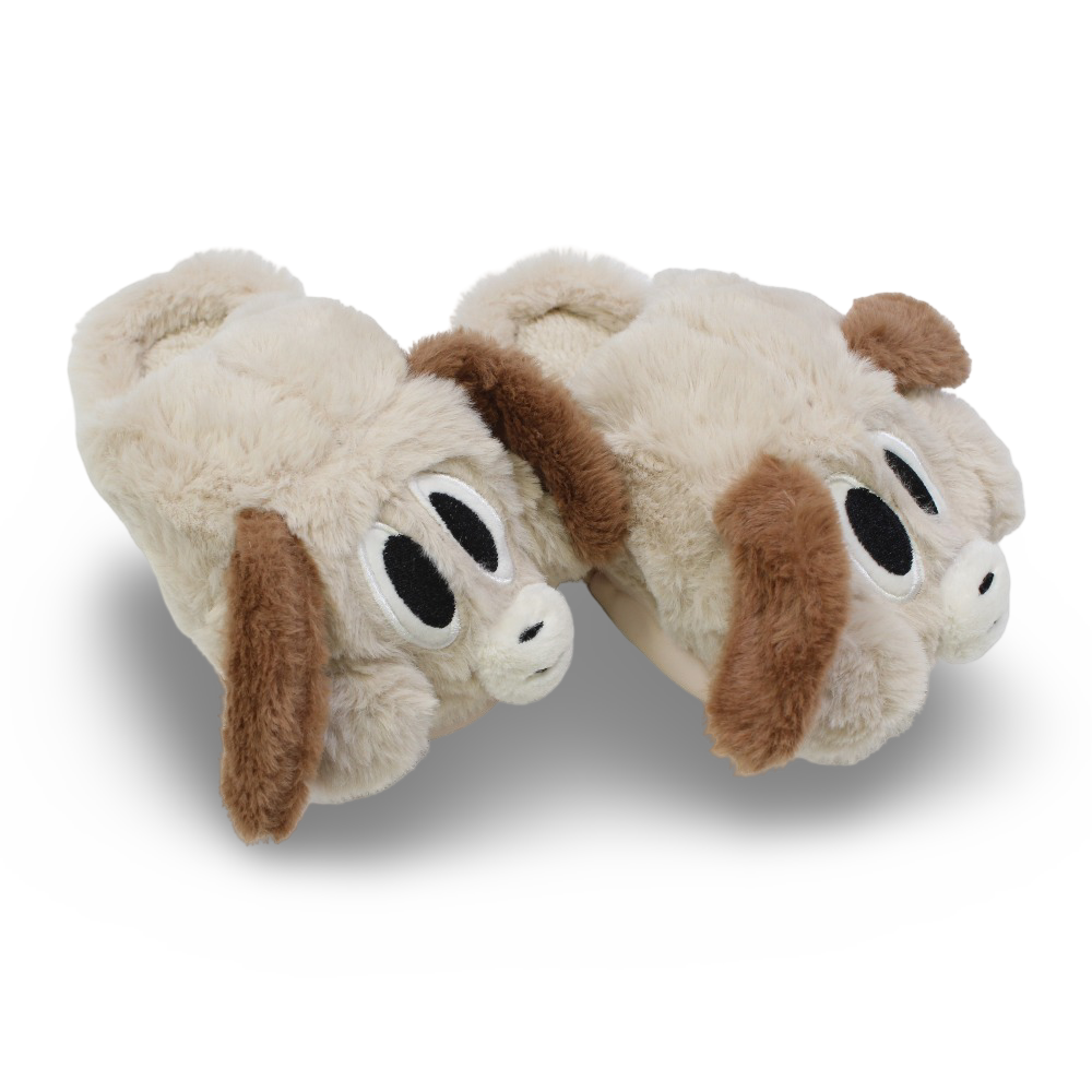 Unisex Fur Slippers – Beige with Dog Design - Clothing - Exit
