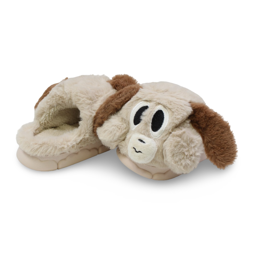 Unisex Fur Slippers – Beige with Dog Design