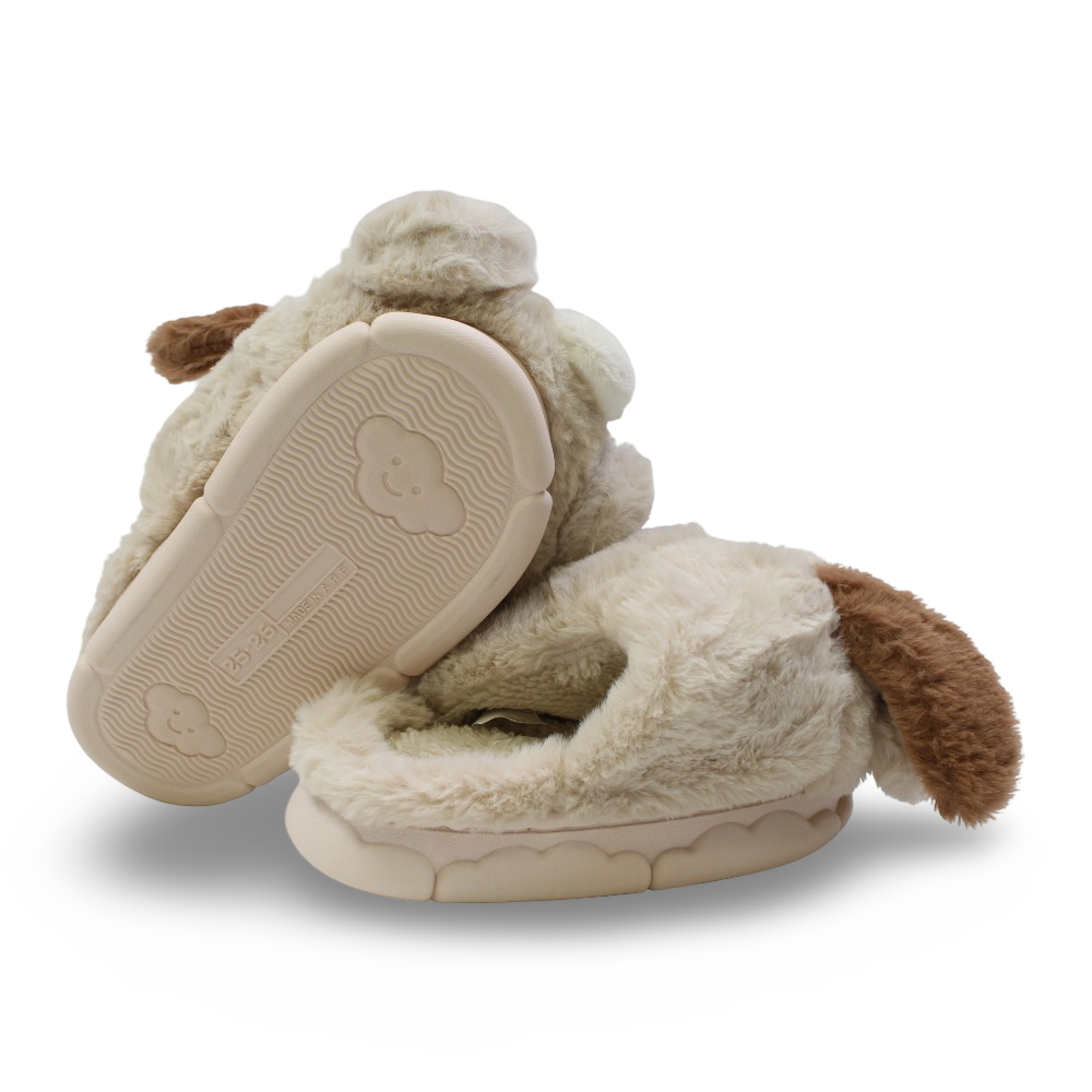 Unisex Fur Slippers – Beige with Dog Design
