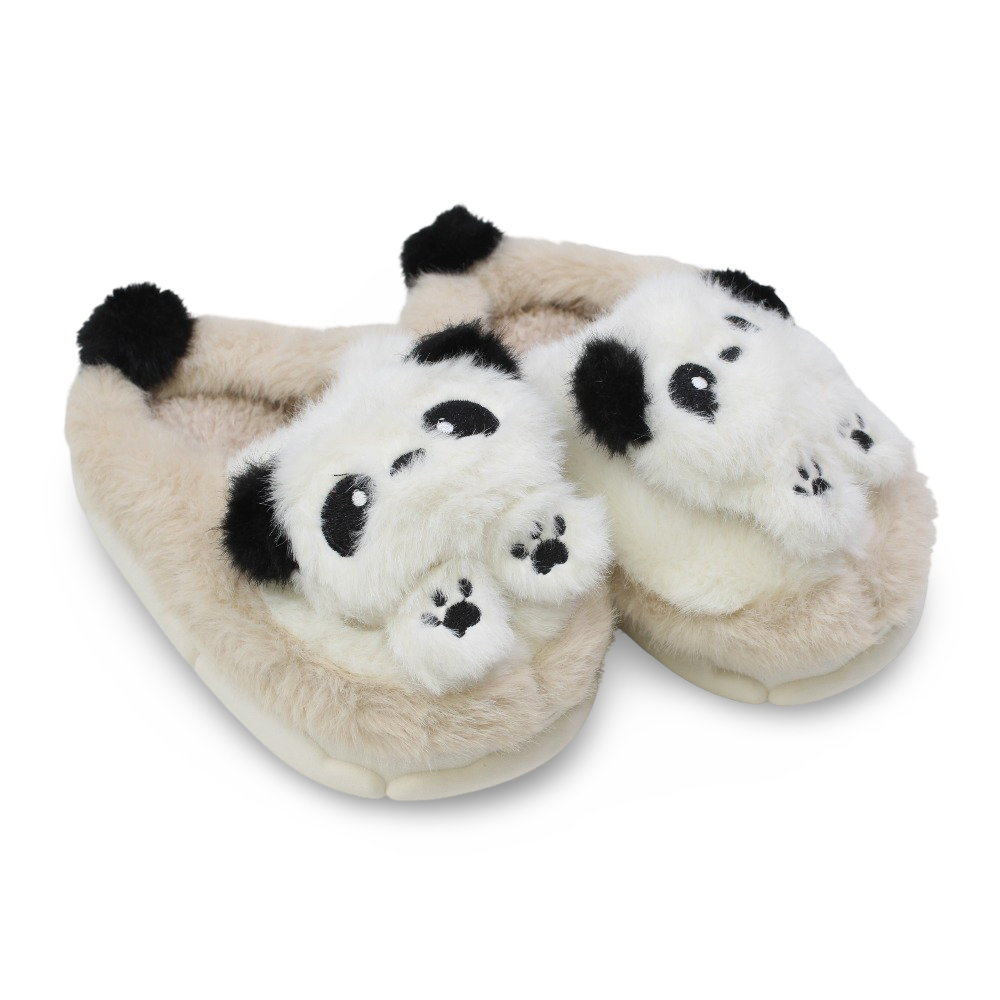 Unisex Fur Slippers – Beige with Panda Design