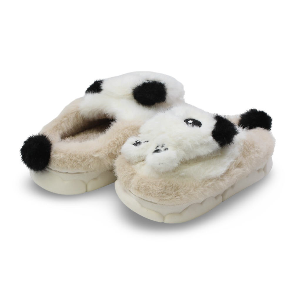 Unisex Fur Slippers – Beige with Panda Design