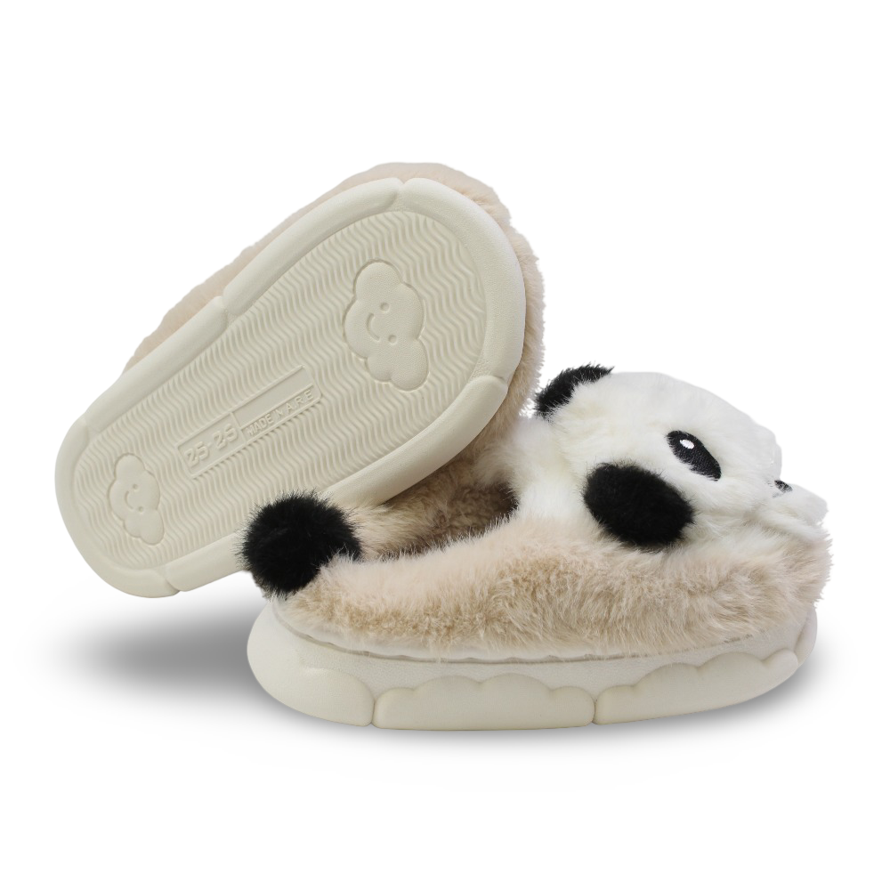 Unisex Fur Slippers – Beige with Panda Design