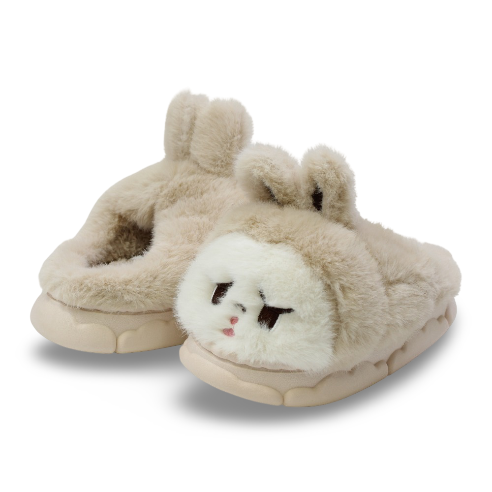 Unisex Fur Slippers – Beige with Bunny Design