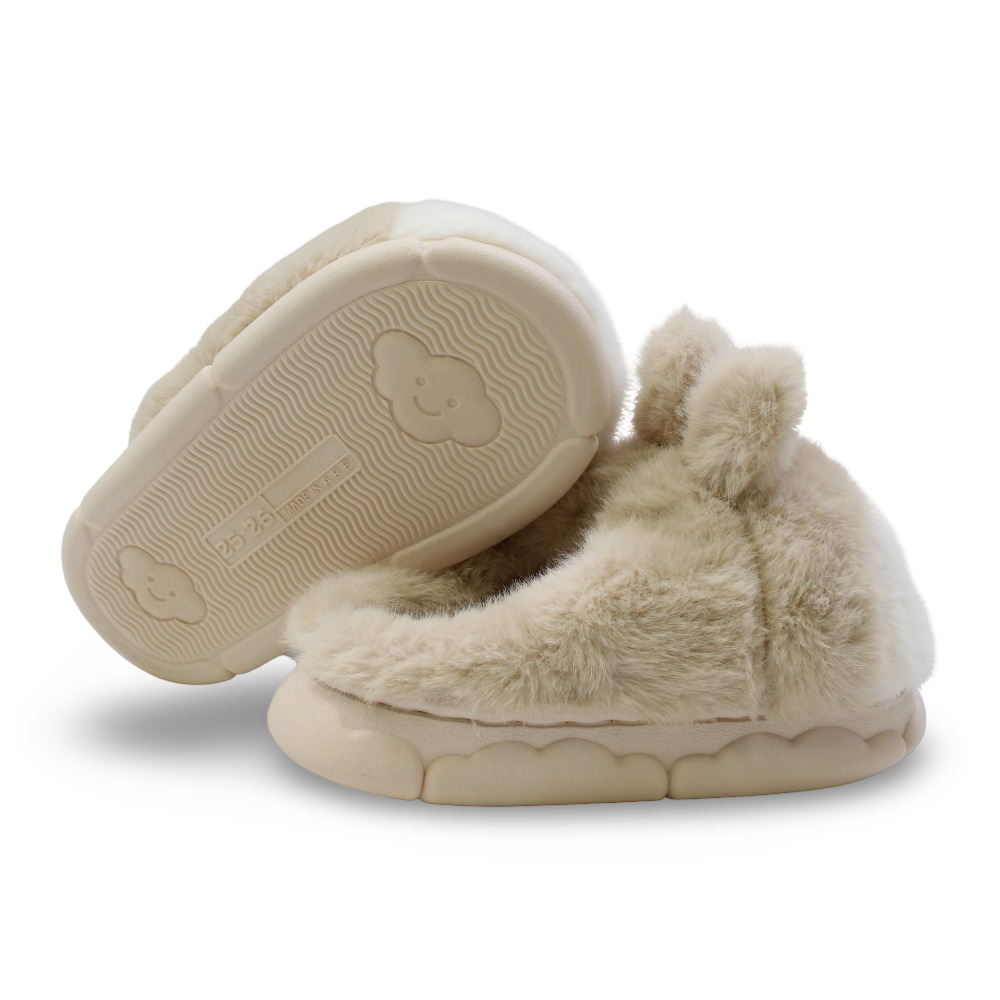 Unisex Fur Slippers – Beige with Bunny Design
