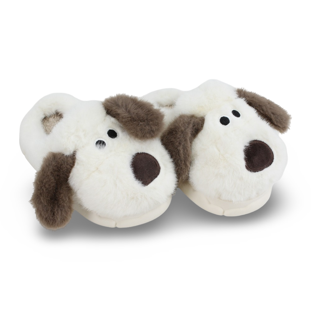 Unisex Fur Slippers - Off-white with Dog Design