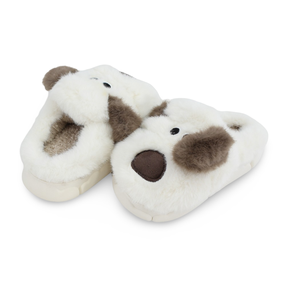 Unisex Fur Slippers - Off-white with Dog Design