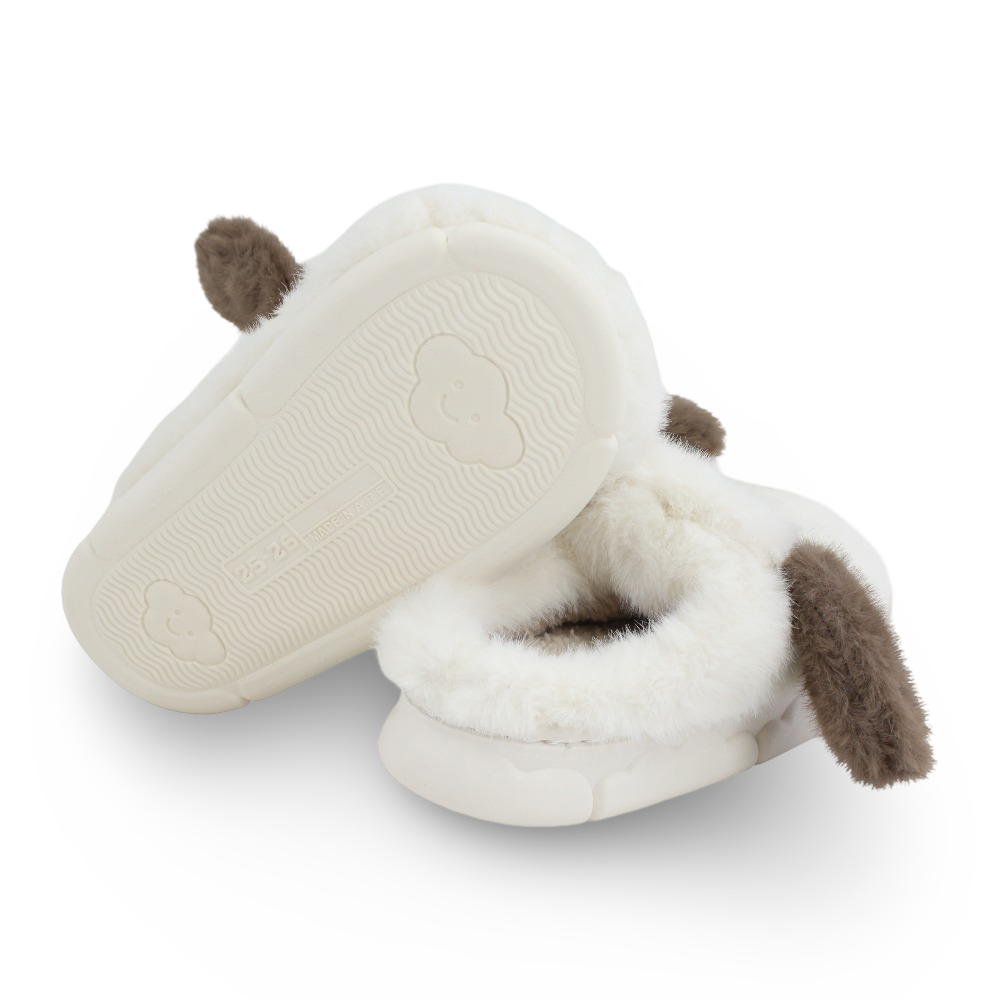 Unisex Fur Slippers - Off-white with Dog Design