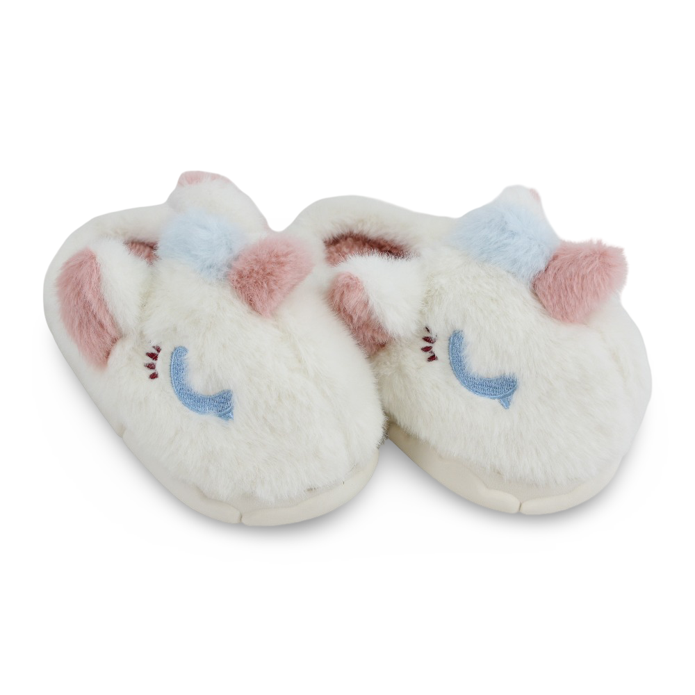 Girls Fur Slippers - Off-white with Unicorn Design