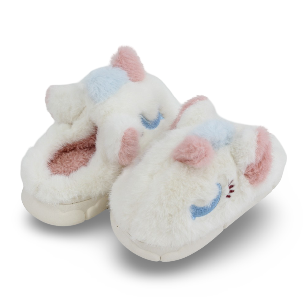 Girls Fur Slippers - Off-white with Unicorn Design