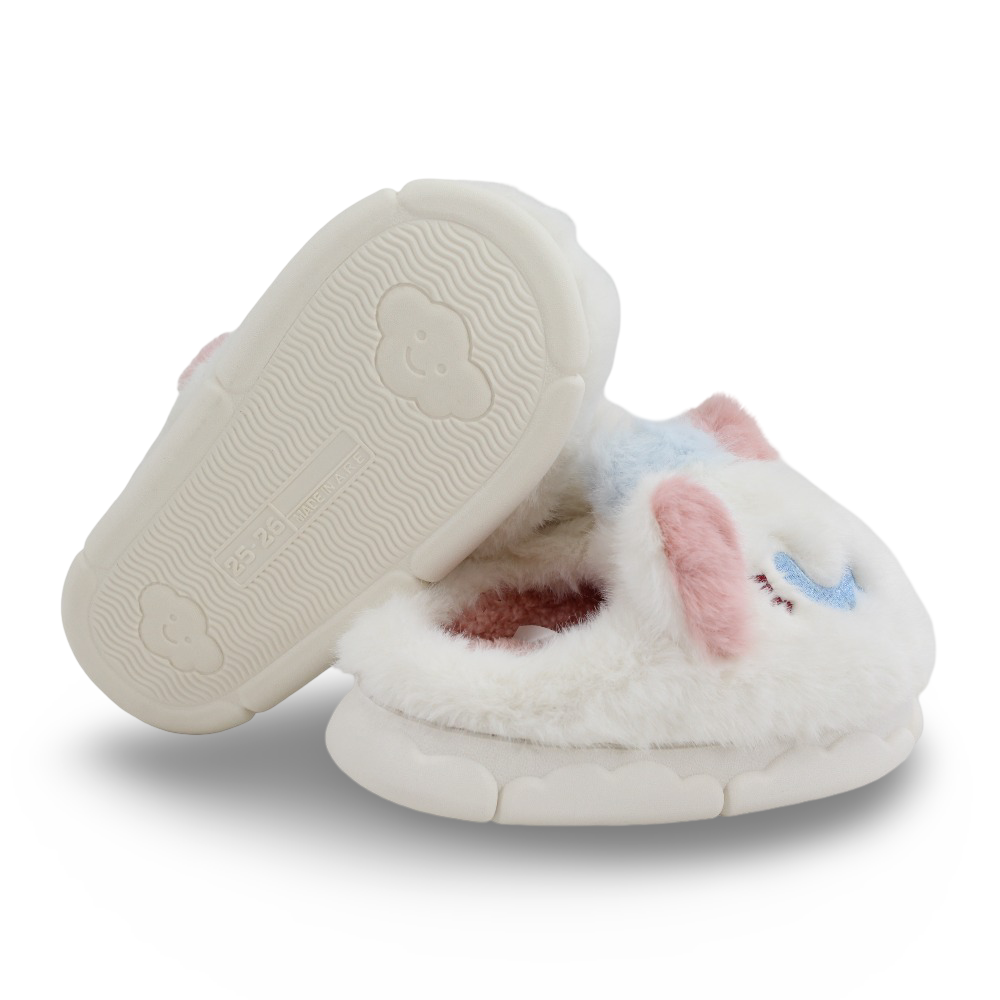 Girls Fur Slippers - Off-white with Unicorn Design