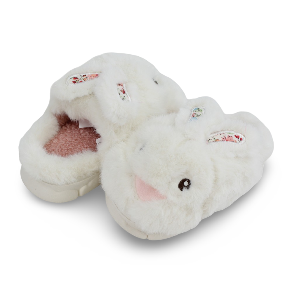 Girls Fur Slippers - Off-white with Bunny Design