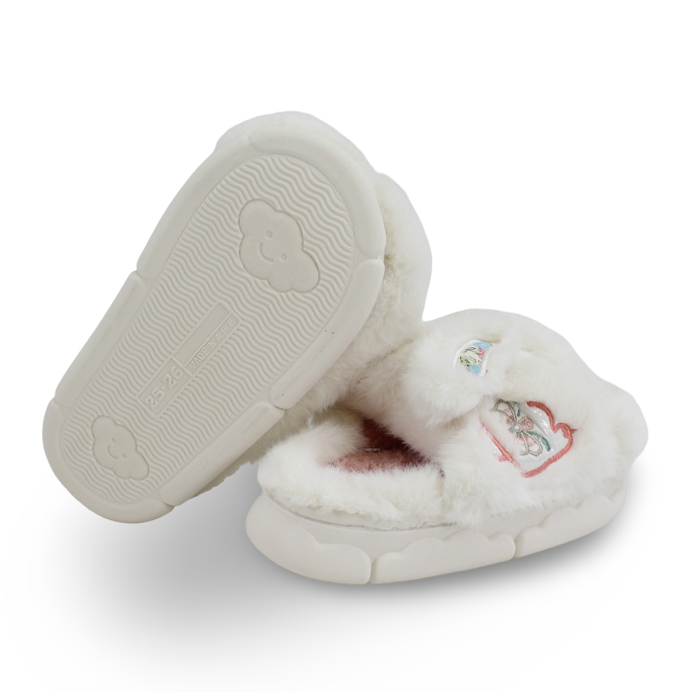 Girls Fur Slippers - Off-white with Bunny Design