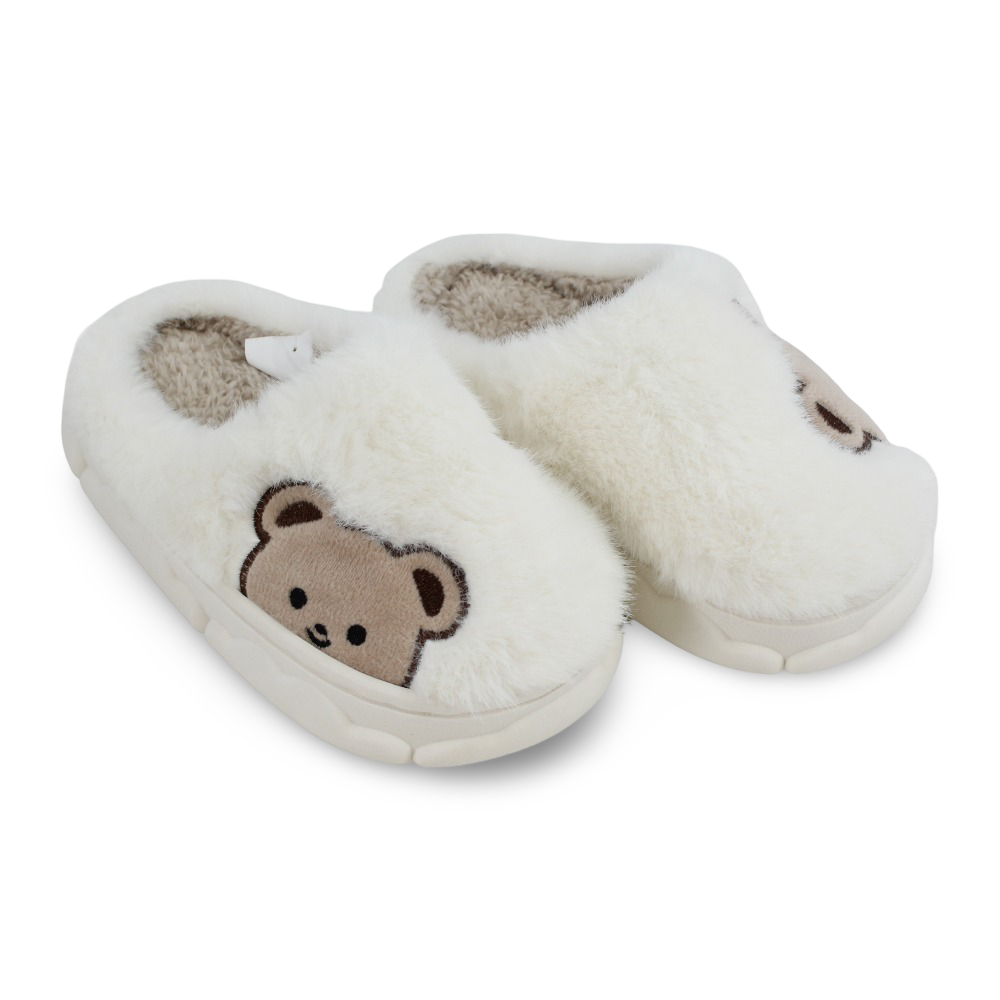 Unisex Fur Slippers - Off-white with Bear Face Design