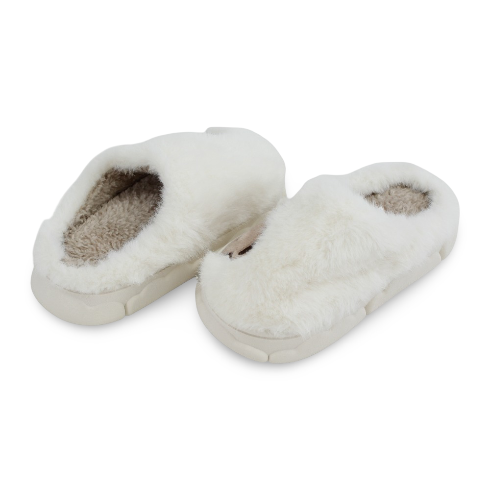 Unisex Fur Slippers - Off-white with Bear Face Design