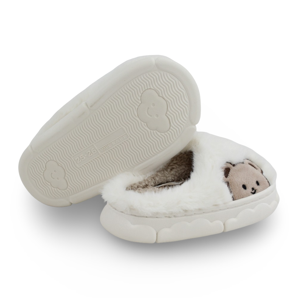 Unisex Fur Slippers - Off-white with Bear Face Design