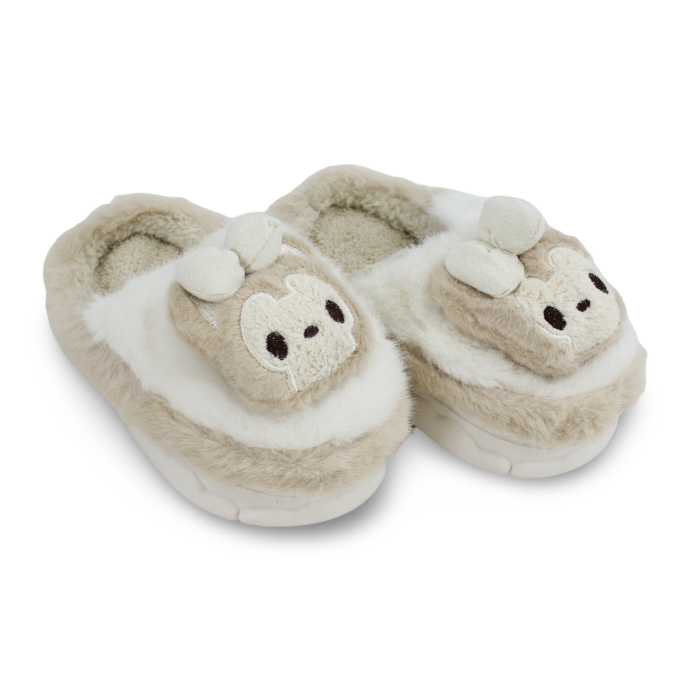Girls Fur Slippers - Off-white with Cute Character Design