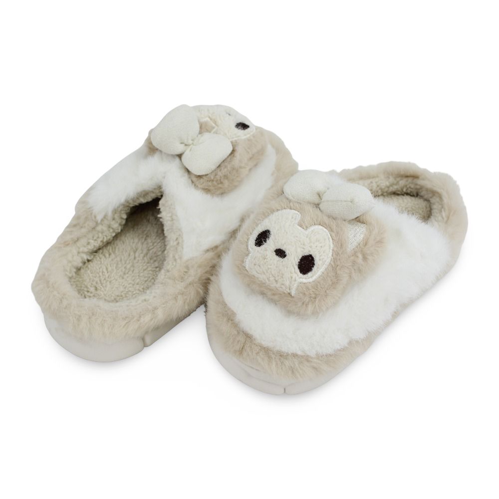 Girls Fur Slippers - Off-white with Cute Character Design