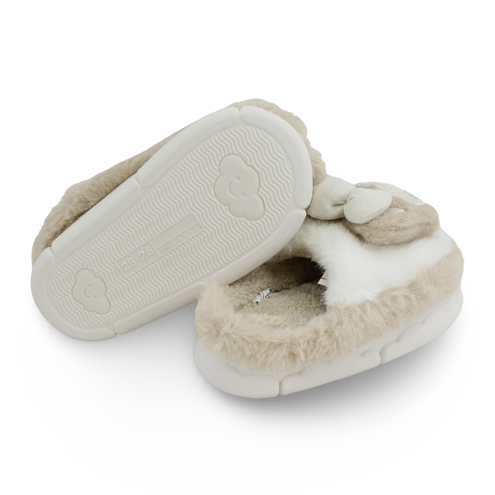 Girls Fur Slippers - Off-white with Cute Character Design