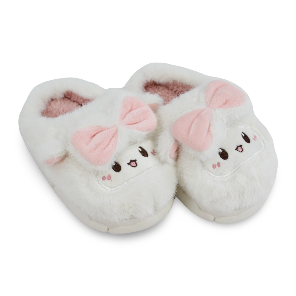 Girls Fur Slippers - Off-White with Bunny Face Design - Clothing - Exit