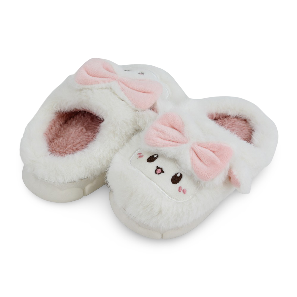 Girls Fur Slippers - Off-White with Bunny Face Design