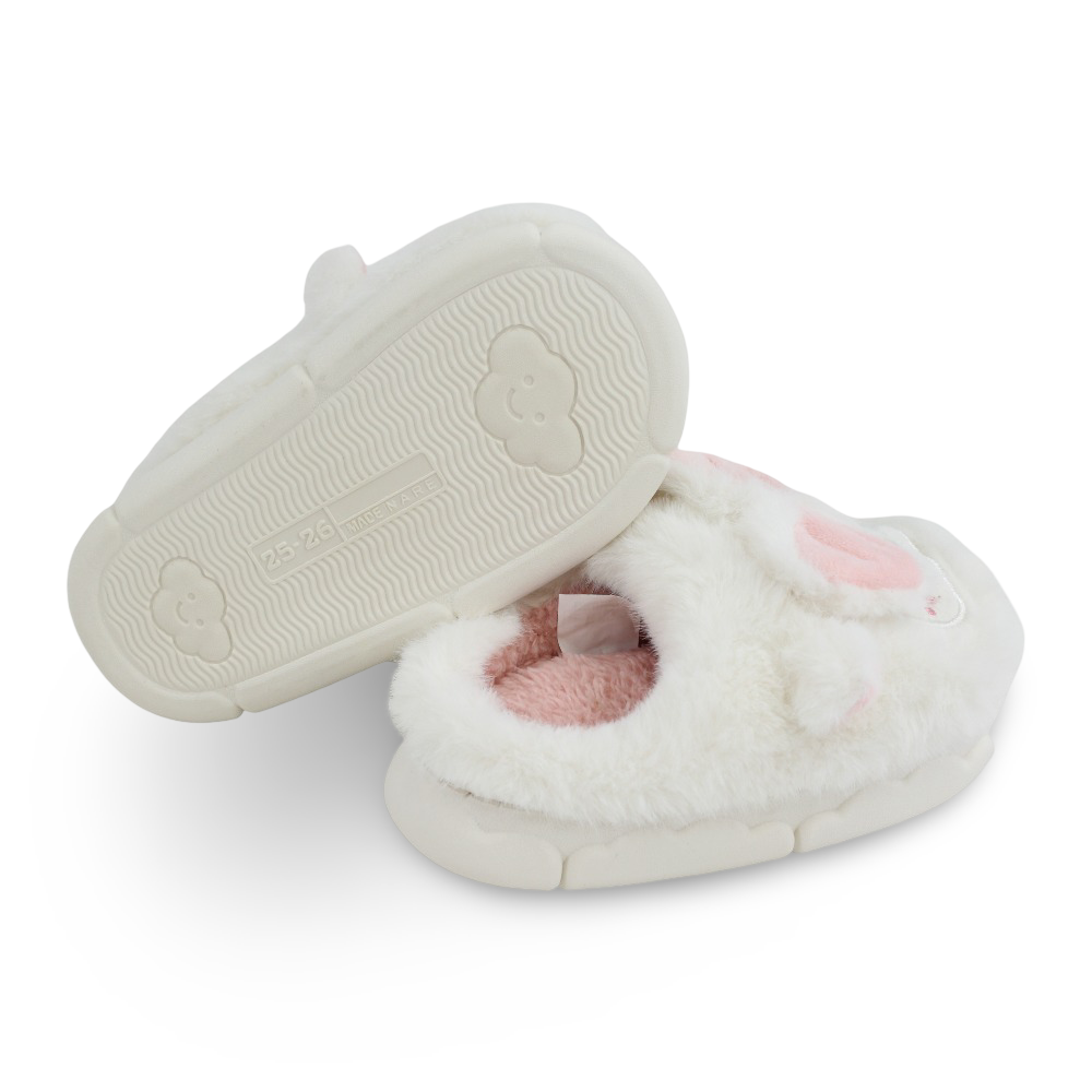 Girls Fur Slippers - Off-White with Bunny Face Design