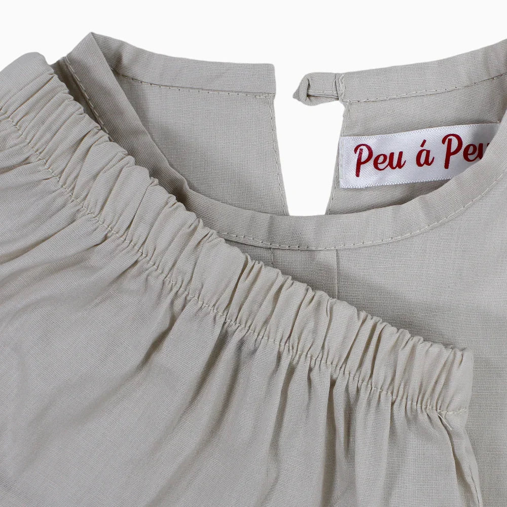 Girls Cotton 2-Piece Outfit Set – Beige with Little Bows