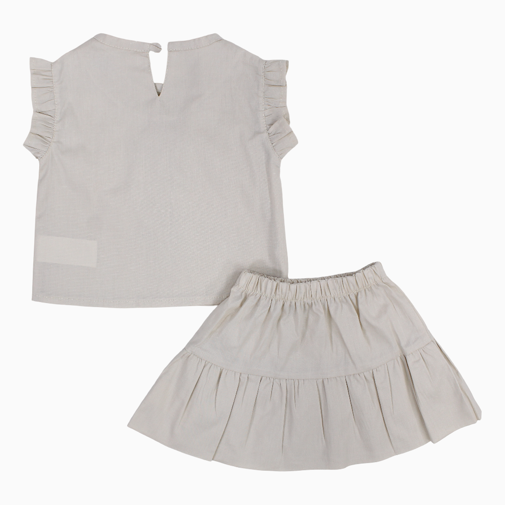 Girls Cotton 2-Piece Outfit Set – Beige with Little Bows