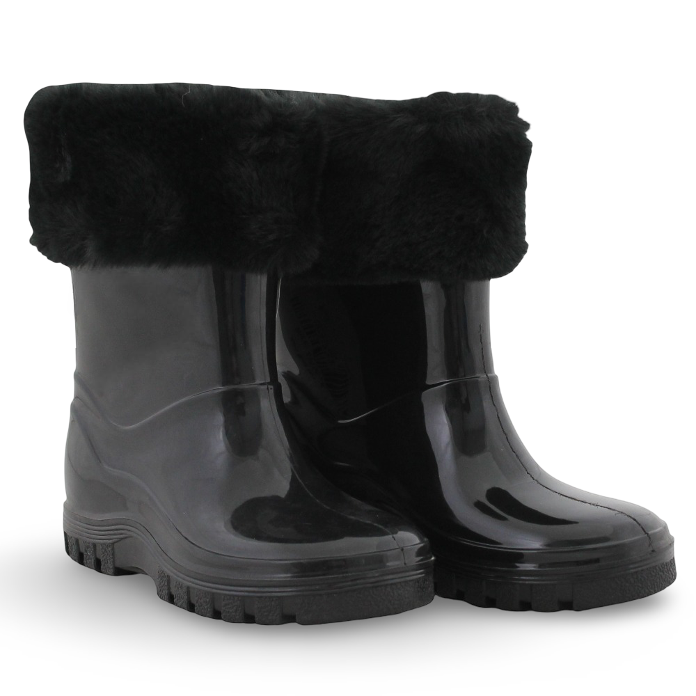 Girls Rubber Rain Boots – Black with Fur