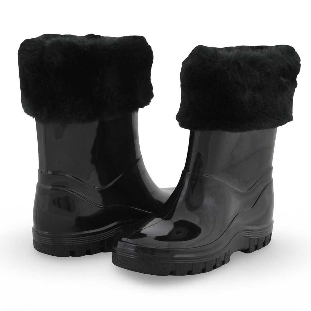 Girls Rubber Rain Boots – Black with Fur