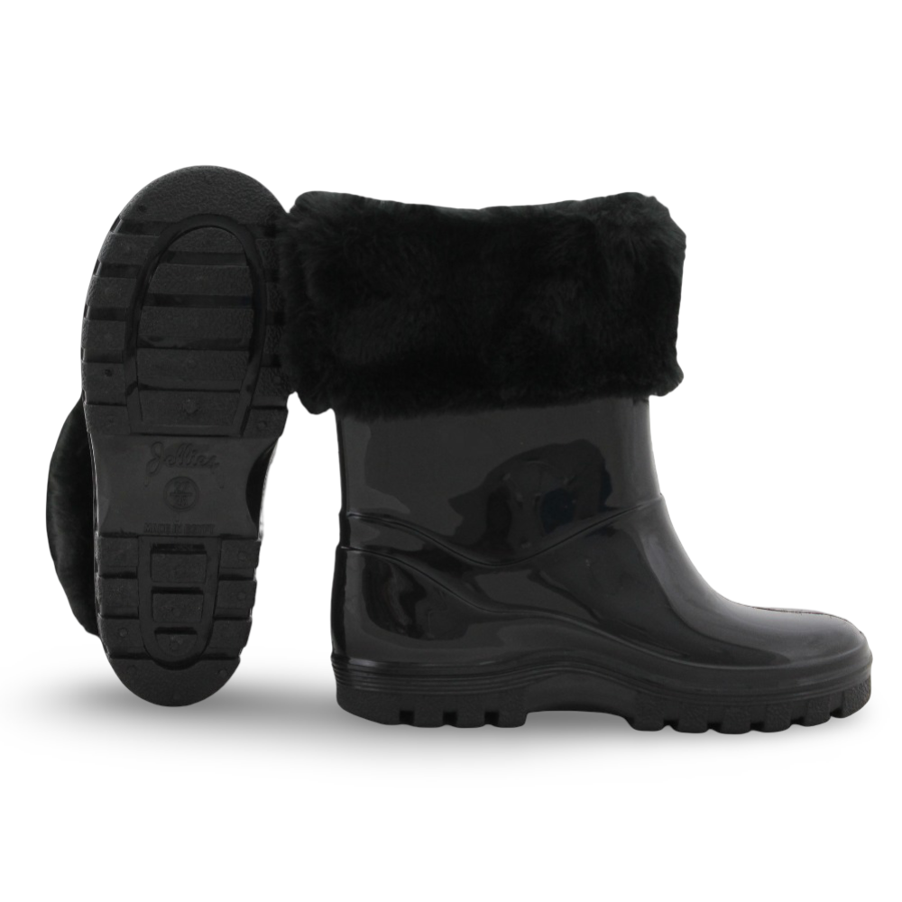 Girls Rubber Rain Boots – Black with Fur