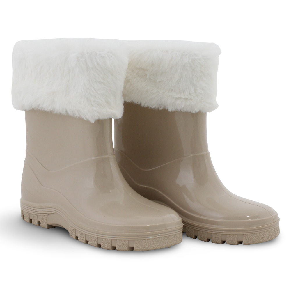 Girls Rubber Rain Boots – Beige with Fur