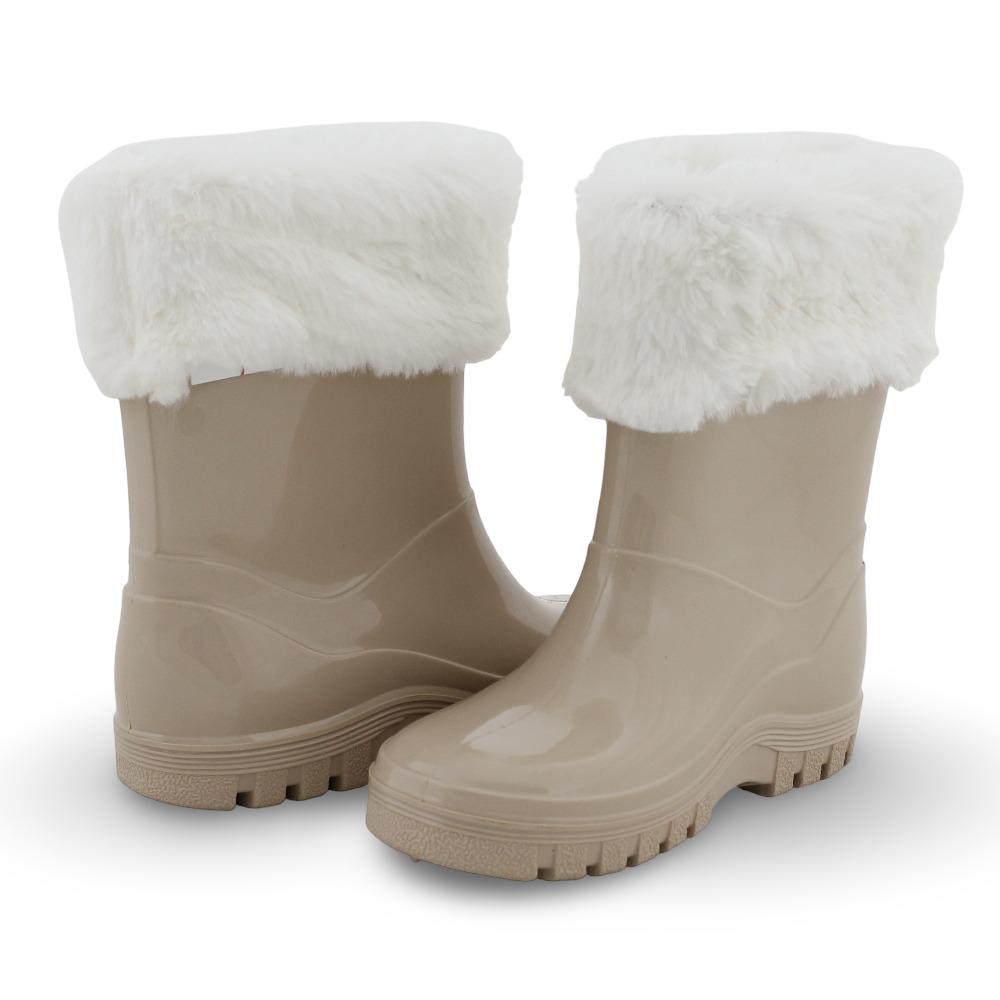 Girls Rubber Rain Boots – Beige with Fur